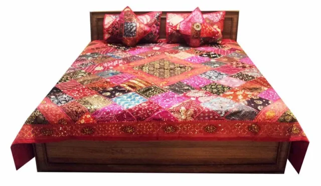 5 Pc Red Vintage Collectible Sari Beaded Quilt Bedspread Coverlet Throw Blanket