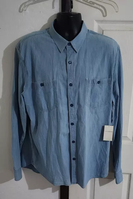 LUCKY BRAND CLASSIC FIT Men XL Blue Chambray Cotton Linen Blend Shirt NEW