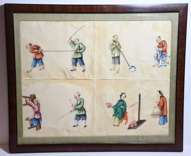 Chinese Original Antique 19th Century Pith Painting - Torture and Punishment