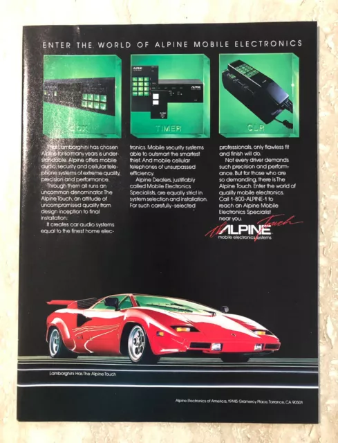 1985 Alpine Mobile Electronics Lamborghini Vintage Print Ad