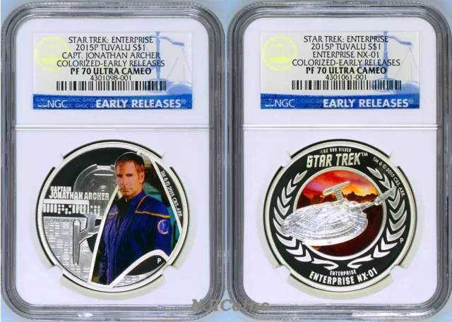 2-COIN Set 2015 Star Trek ENTERPRISE JONATHAN ARCHER & NX-01 Silver $1 NGC PF70