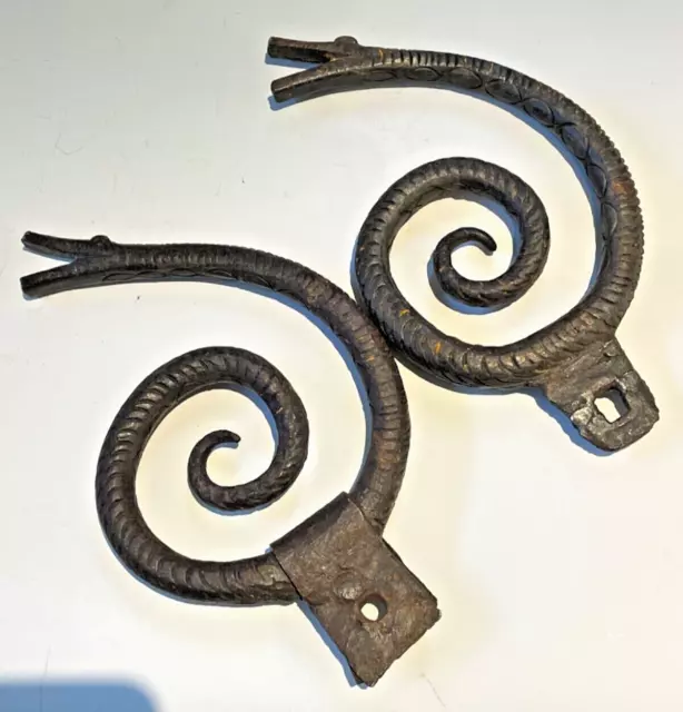 2 Antique hand made wrought Iron Snake  Finials