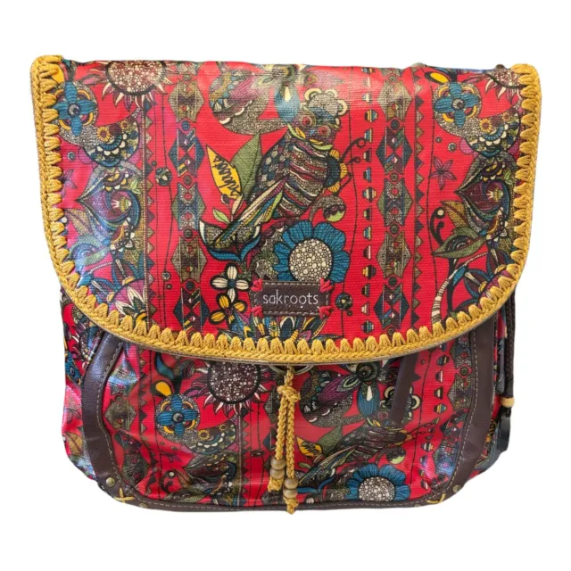 Sakroots Crossbody Backpack Convertible Red Brown Owls Flowers