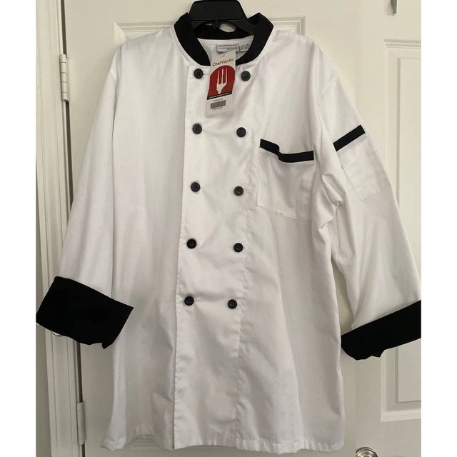NWT Chef Works Executive Chef Coat White Black Trim Size XL Poly Cotton Blend
