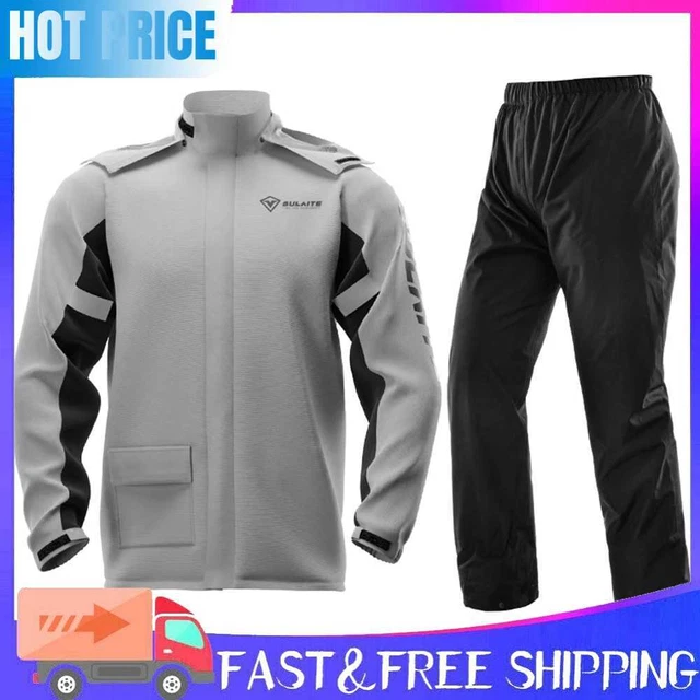 SULAITE Reflective Motorcycle Rain Jacket+Pants with Shoe Covers Grey (L)