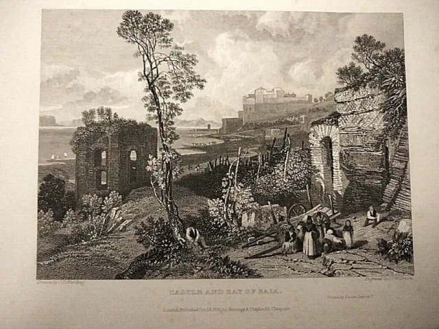 1831 Incisione veduta del Castello di Baia - Pozzuoli Napoli da dipinto Harding