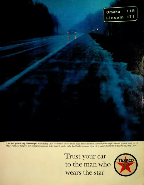 1963 Texaco Sky Chief Gas Best Mileage Night Driving Wet Roads Vintage Print Ad