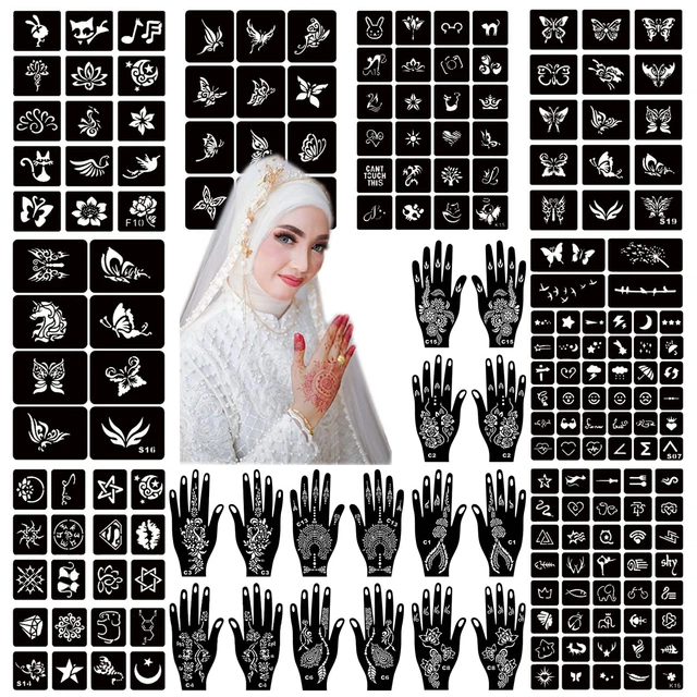 Kit de plantillas de tatuaje de henna 190 piezas, 24 hojas plantillas de henna reutilizables temporales...