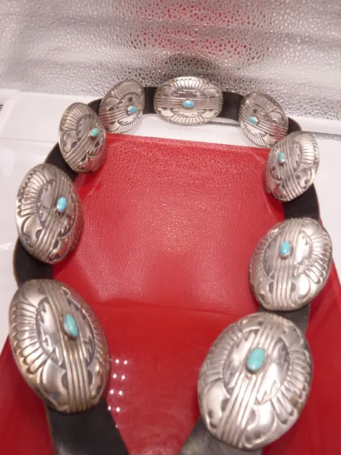 Top Navajo Silversmith Rick Martinez Turquoise 9 Concho Leather Belt Sterling