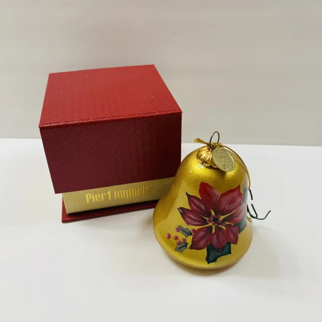 Pier 1 Imports Christmas Ornament Glass Poinsettia Li Bien Bell Shaped 2016 NEW