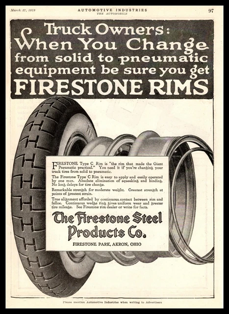 1919 The Firestone Steel Products Co Tire Wheel Rims Akron Ohio Vintage Print Ad