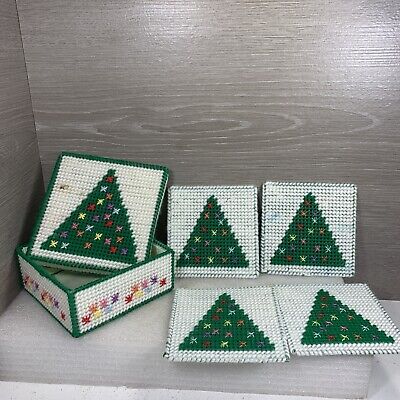 Vintage Christmas Plastic Canvas Yarn Needlepoint Christmas Tree Coasters Case