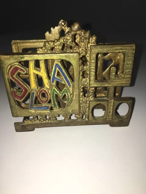 Napkin Holder Hebrew Word Shalom Brass Made in Israel,Enamel Jewish Holiday שלום