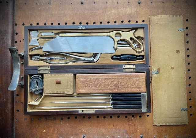 Victorian Surgeon's Field Amputation Kit In Leather Case Bone Saw Trephine Rare