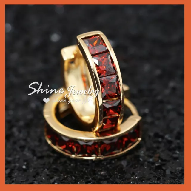 18K Gold Gf Red Ruby Womens Vintage Square Crystals Hoop Huggies Earrings Gift 2