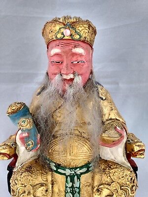 Buddhist Folk Art God of Wealth Chinese Statue Figurine Carved Wood Vintage Asia 2