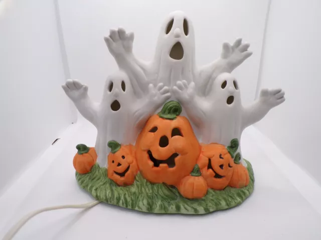 Vintage 1992 Ceramic Lighted Ghosts Pumpkin Decoration Jack-O-Lantern Blinks