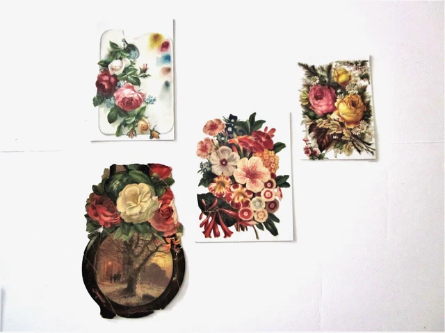 4 Pieces of  Antique Victorian Large Die Cut Flower Scrap