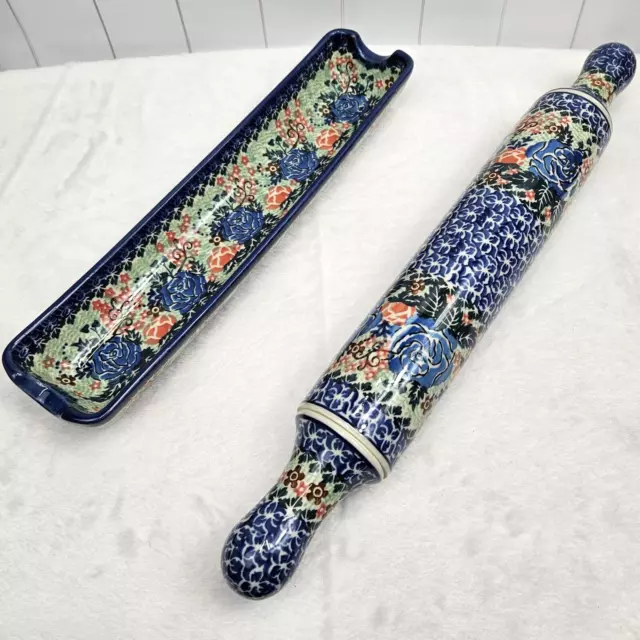 Polish Pottery Rolling Pin And Cradle UNIKAT Signature Blue Roses Hand Painted