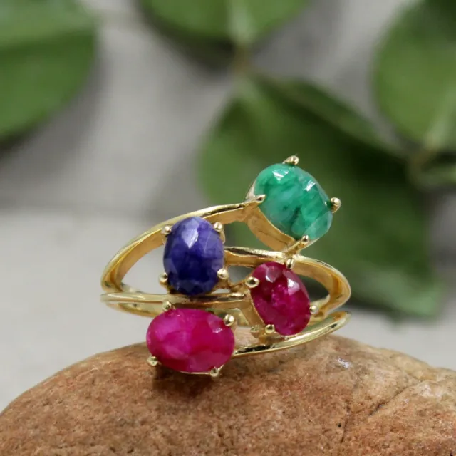 Sterling 925 Silver Gold Plated Jewelry Ruby Dyed Sapphire & Emerald Ring Size 7