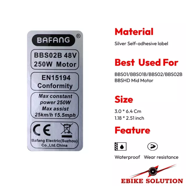 2x BAFANG 250w 48V BBS02B BBS01 Ebike Legal Silver Large Sticker Decal Motor 2