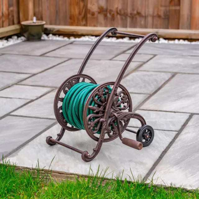 Woodside Cast Iron Garden Water Hose Reel with Wind Up Handle & Wheels