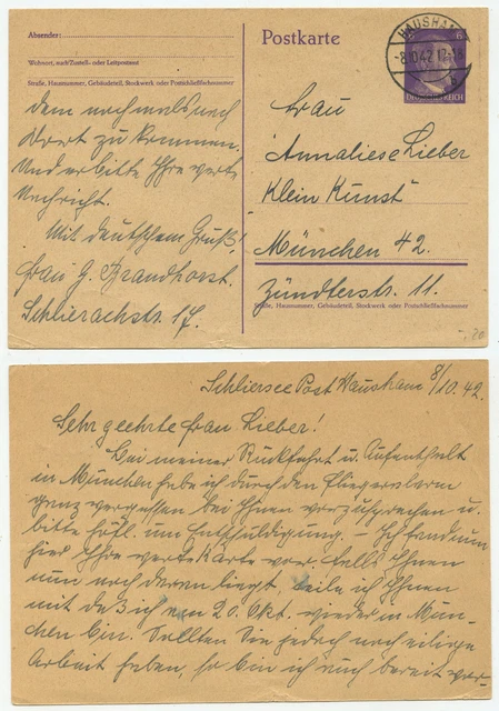 41345 - Ganzsache P 299 - Postkarte - Hausham 8.10.1942 nach München