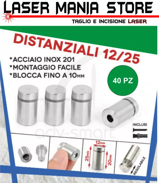 40 Distanziali in Acciaio Inox, 12/25mm per targhe, pannelli,distanziatori vetro