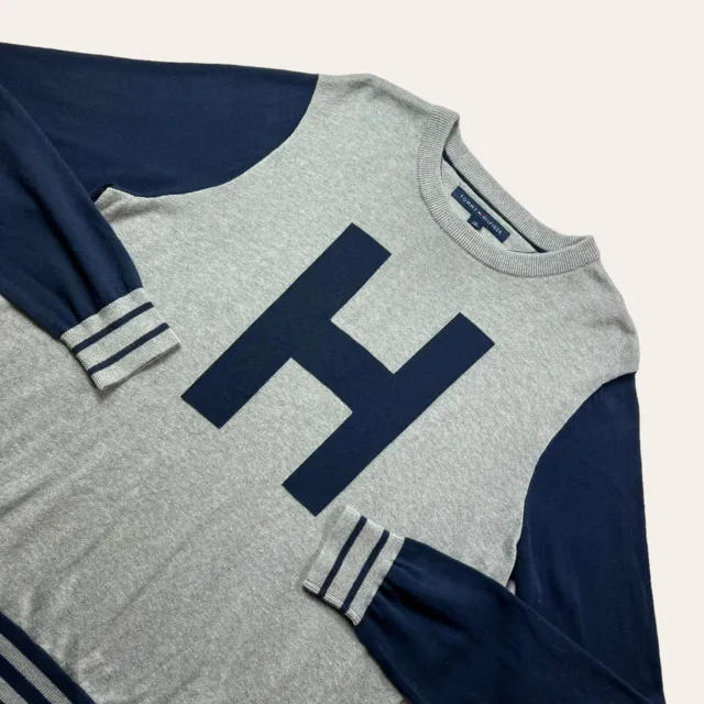 Tommy Hilfiger Grey Jumper Mens Large Pima Cotton Tight Knit Navy H Logo Sweater