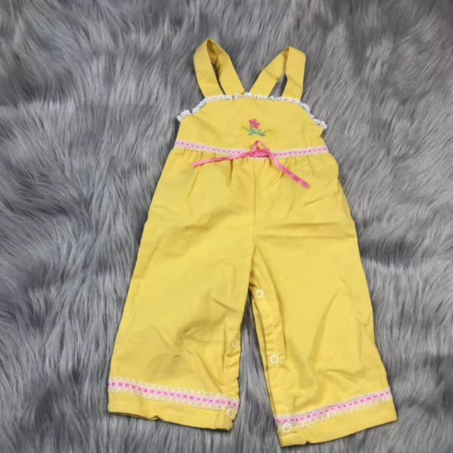 Vintage Baby Girls Yellow Pink Floral Lace Bow Overalls