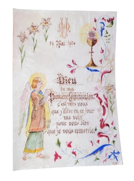 poupée ancienne : superbe aquarelle ancienne de 1914 de première communion