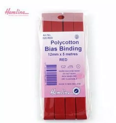 Hemline Polycotton Bias Binding, Hem Facing Tape, 12mm x 5m RED - MADE IN NZ