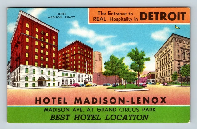 Detroit MI, Hotel Madison-Lenox, Street View, Cars, Michigan Vintage Postcard