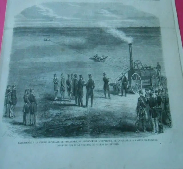Gravure 1860 - Expérience à la Ferme de Vincennes Charrue à vapeur de Fowler