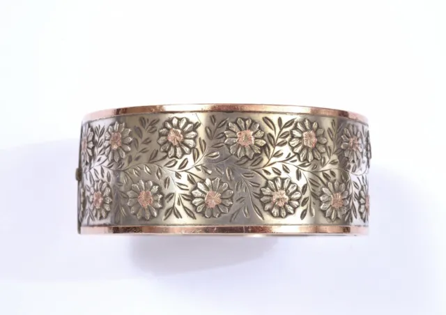 1900's Victorian Solid Silver & 14K Gold Wide Floral Bangle Bracelet