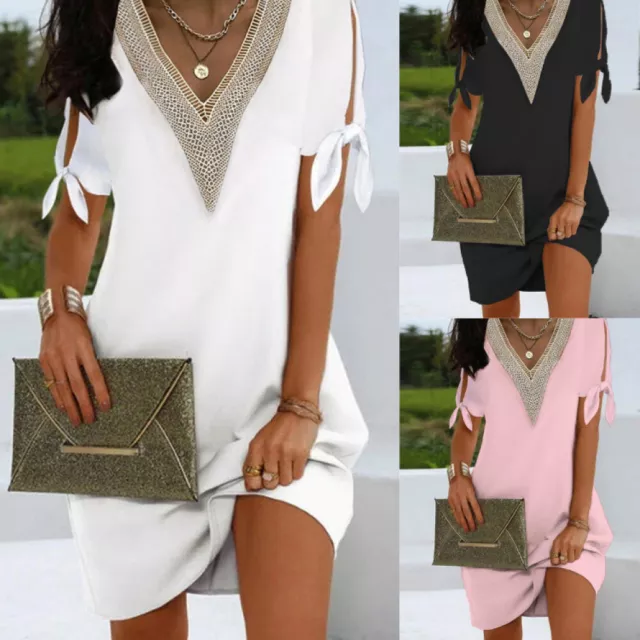 Summer V Neck Holiday Mini Dresses UK Womens Short Sleeve Dress Ladies Plus Size