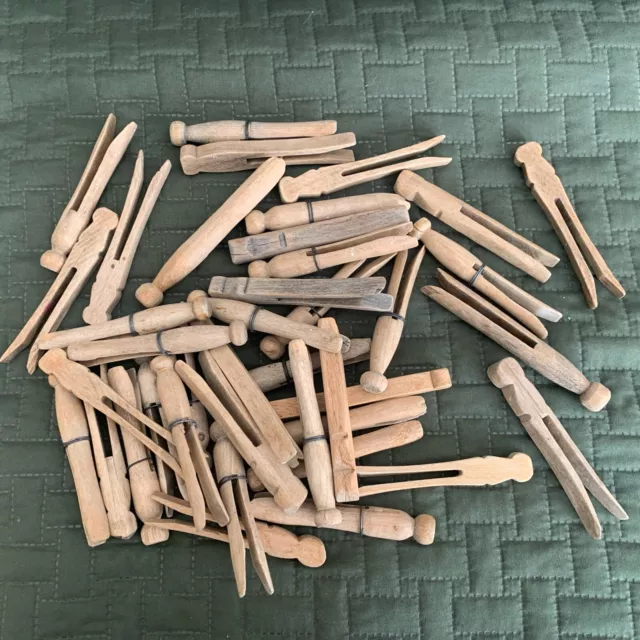 40 Vintage Wooden Clothes Pins Weathered Wood Craft Lot