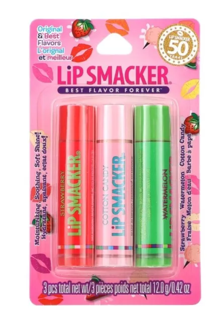 3 x Lip Smacker Flavoured Lip Balm 4g EA - COTTON CANDY STRAWBERRY WATERMELON