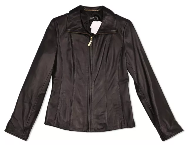 Ellen Tracy Womens Black Genuine Leather Scuba Jacket Front Zip Closure Size XS