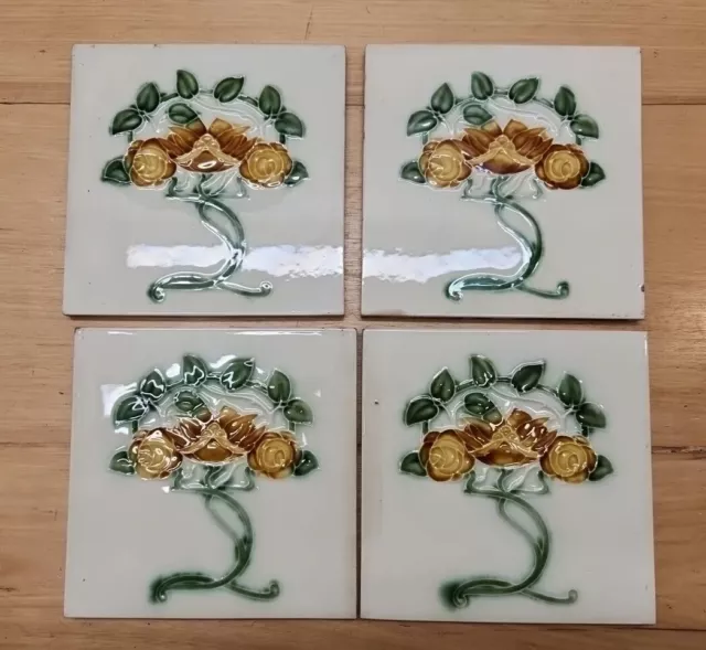 Set of 4 Antique Art Nouveau Majolica tiles