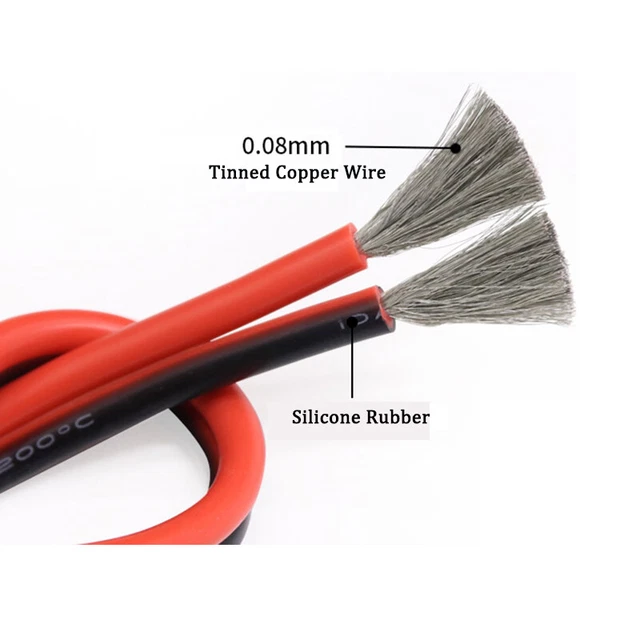 Alambre de silicona extra suave 2M 10AWG ~ 24AWG doble alambre paralelo rojo y negro cobre