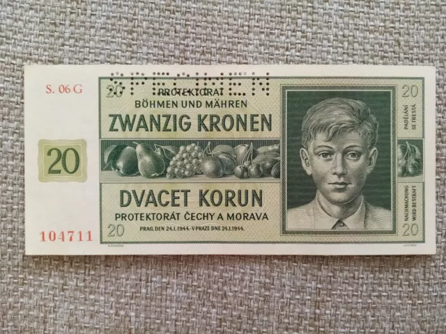 Czechoslovakia Bohemia Moravia 20 Korun 1944 aUNC Banknote Tschechoslowakei Note