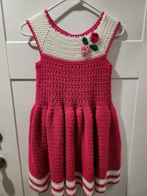 Hand Knit Crochet Knit Pink Ivory Floral Dress Back Button Euc Size 14/16?