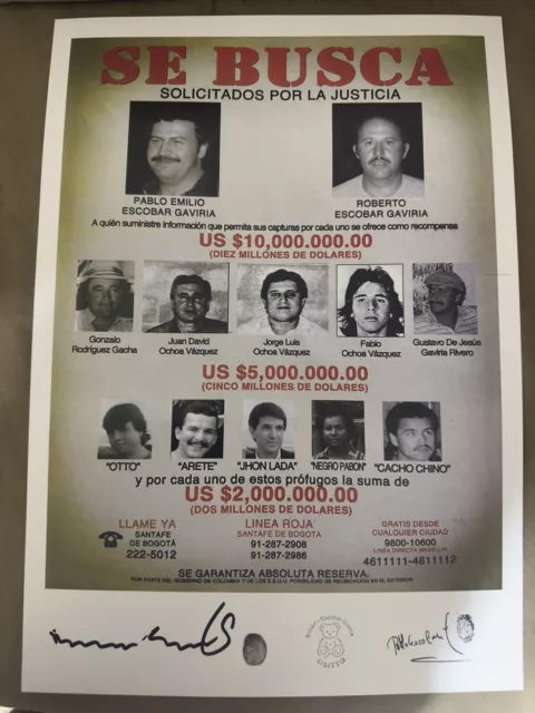 Pablo Escobar and gang wanted poster autographed by Roberto Escobar 20x14