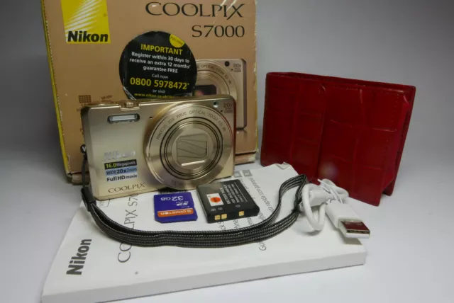 Nikon Coolpix S7000 16MP 20x Full HD WiFi Gold Boxed Digital Camera & 32GB SD