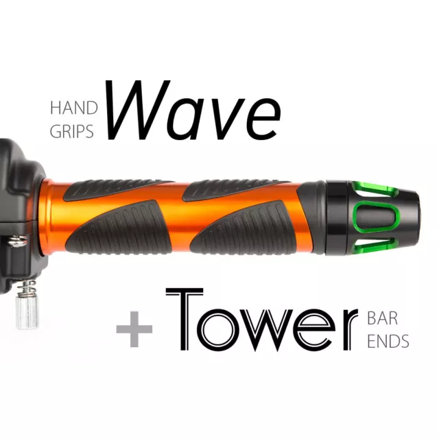 KiWAV Motorcycle Wave grips Orange with Tower Bar Ends Green/Black