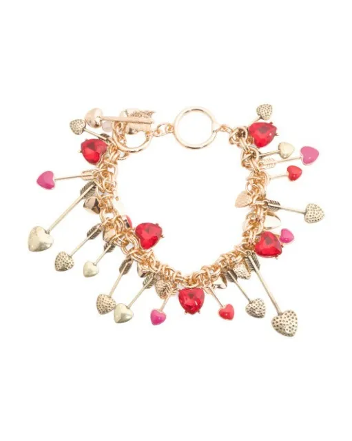 Betsey Johnson Heart Charm and Arrow Toggle Bracelet Gold Tone | Crystals | NEW