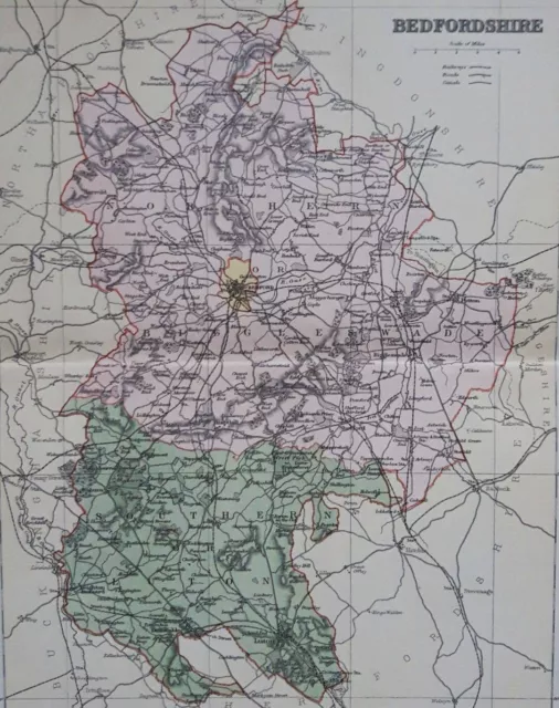 1895 Bedfordshire county map.  Victorian print. Bedford, Luton, Dunstable.