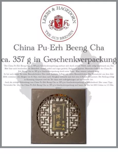 China Pu-Erh Beeng Cha Aprox. 357G En Regalo 1 St