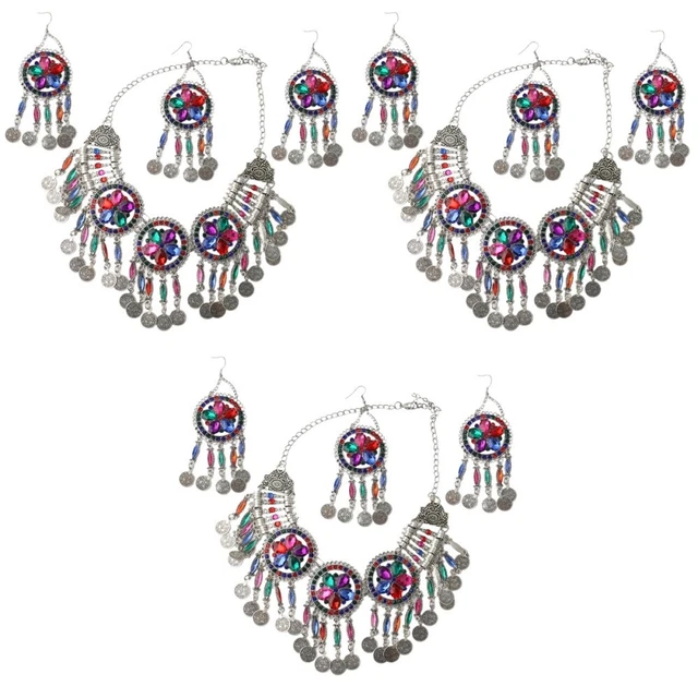 3 Sets Women Jewelry Charm Statement Necklace Head Chain Drop Earrings Bohemian